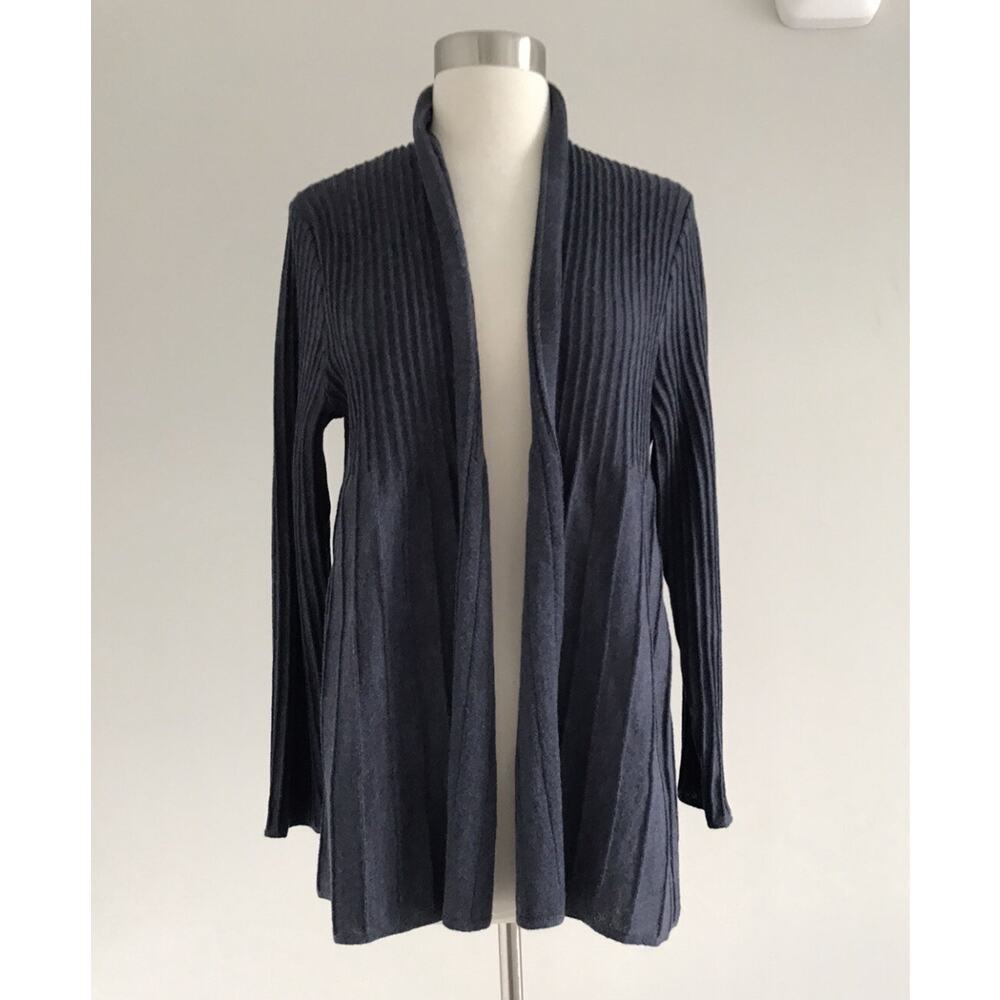 Eileen Fisher Open Front Cardigan Wool Ribbed Pleated Charcoal Womens Large